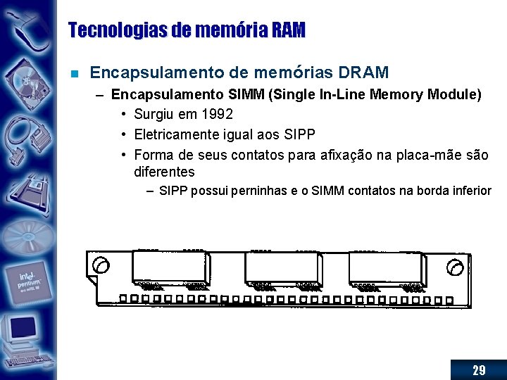 Tecnologias de memória RAM n Encapsulamento de memórias DRAM – Encapsulamento SIMM (Single In-Line