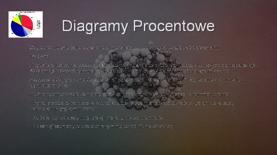 Diagramy Procentowe Gdy porównujemy dane wyrażone w procentach, wygodnie jest posugiwać diagramami. Przykład: W