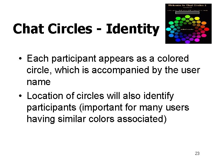 Chat Circles - Identity • Each participant appears as a colored circle, which is