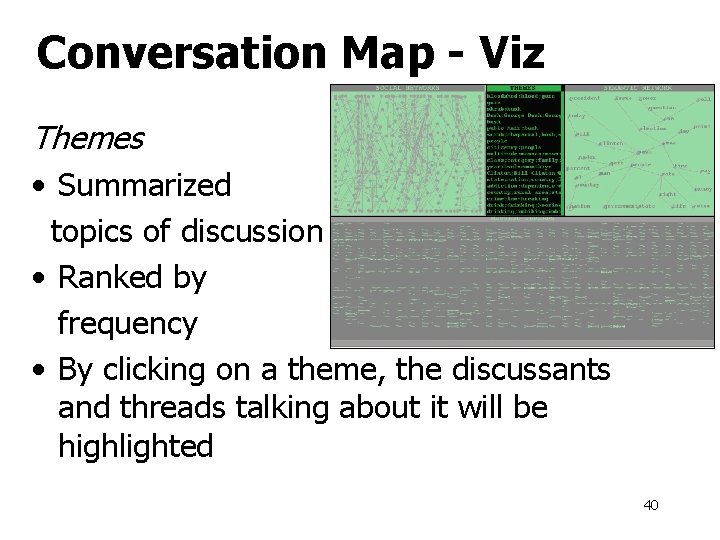 Conversation Map - Viz Themes • Summarized topics of discussion • Ranked by frequency