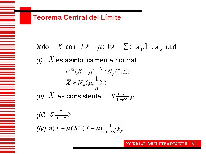 Teorema Central del Límite (i) es asintóticamente normal d (ii) es consistente: (iii) (iv)