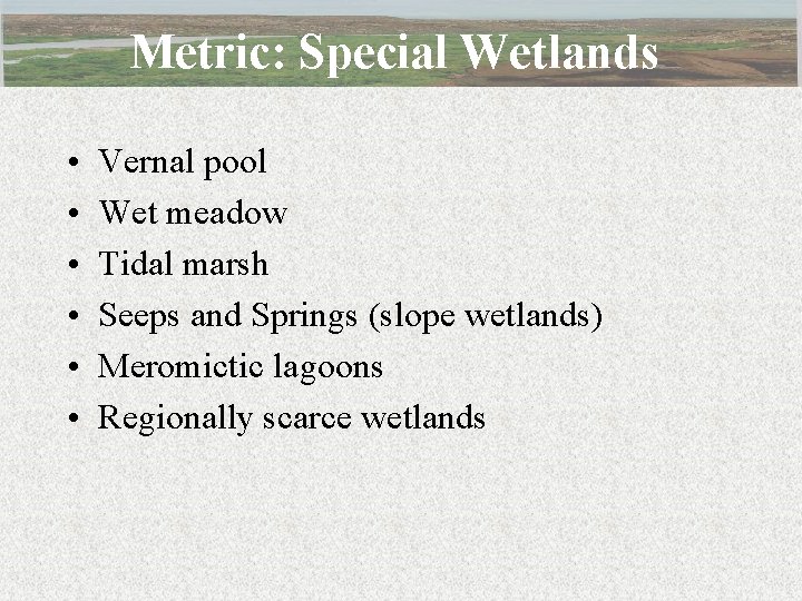 Metric: Special Wetlands • • • Vernal pool Wet meadow Tidal marsh Seeps and