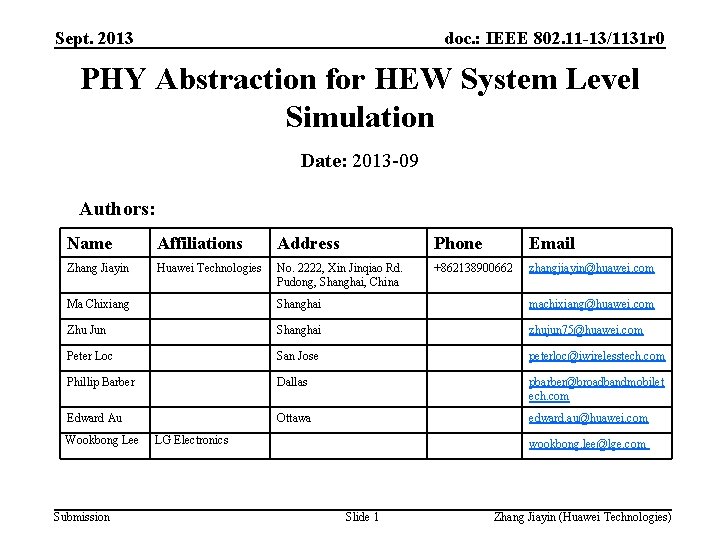 Sept. 2013 doc. : IEEE 802. 11 -13/1131 r 0 PHY Abstraction for HEW