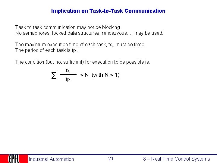 Implication on Task-to-Task Communication Task-to-task communication may not be blocking. No semaphores, locked data