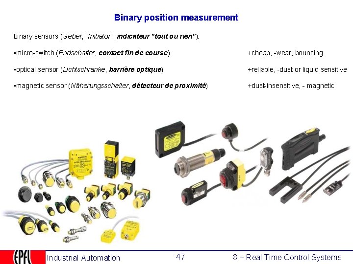 Binary position measurement binary sensors (Geber, "Initiator", indicateur "tout ou rien"): • micro-switch (Endschalter,