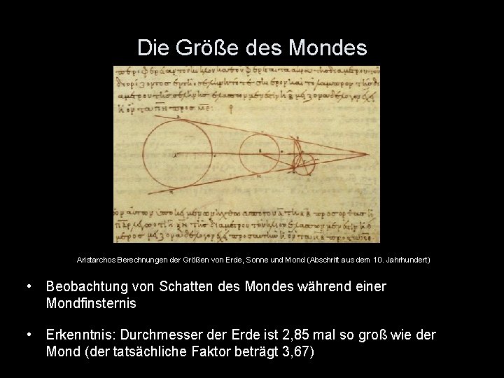 Die Größe des Mondes Aristarchos Berechnungen der Größen von Erde, Sonne und Mond (Abschrift Die Größe des Mondes Aristarchos Berechnungen der Größen von Erde, Sonne und Mond (Abschrift