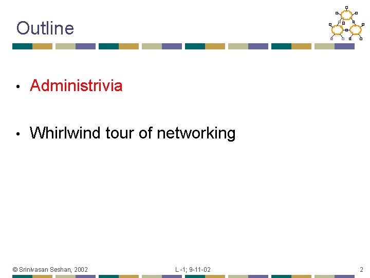 Outline • Administrivia • Whirlwind tour of networking © Srinivasan Seshan, 2002 L -1;