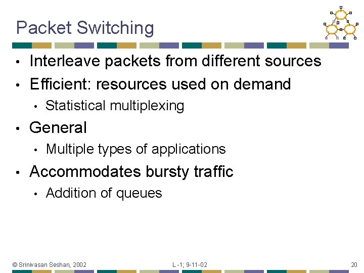 Packet Switching Interleave packets from different sources • Efficient: resources used on demand •
