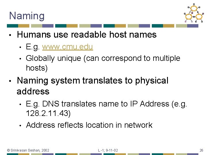 Naming • Humans use readable host names • • • E. g. www. cmu.