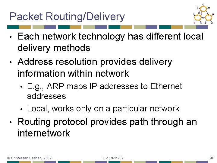 Packet Routing/Delivery Each network technology has different local delivery methods • Address resolution provides