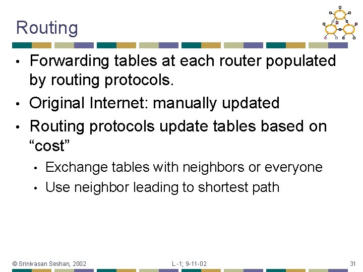 Routing Forwarding tables at each router populated by routing protocols. • Original Internet: manually