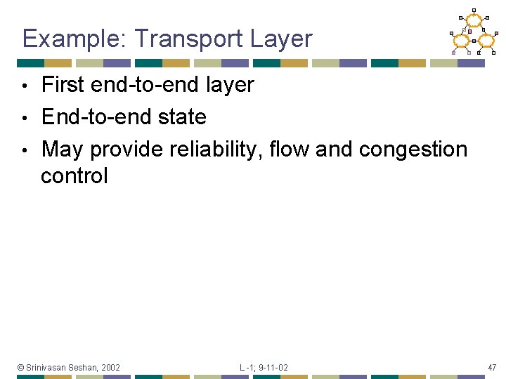 Example: Transport Layer First end-to-end layer • End-to-end state • May provide reliability, flow
