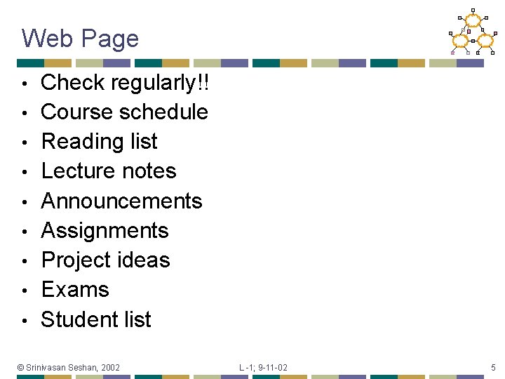 Web Page • • • Check regularly!! Course schedule Reading list Lecture notes Announcements
