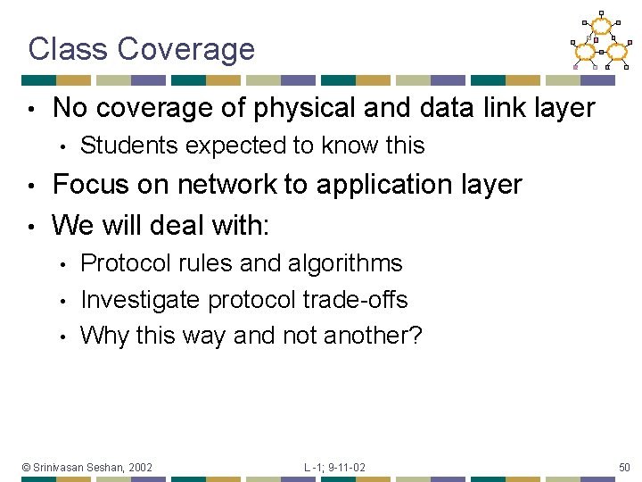 Class Coverage • No coverage of physical and data link layer • Students expected