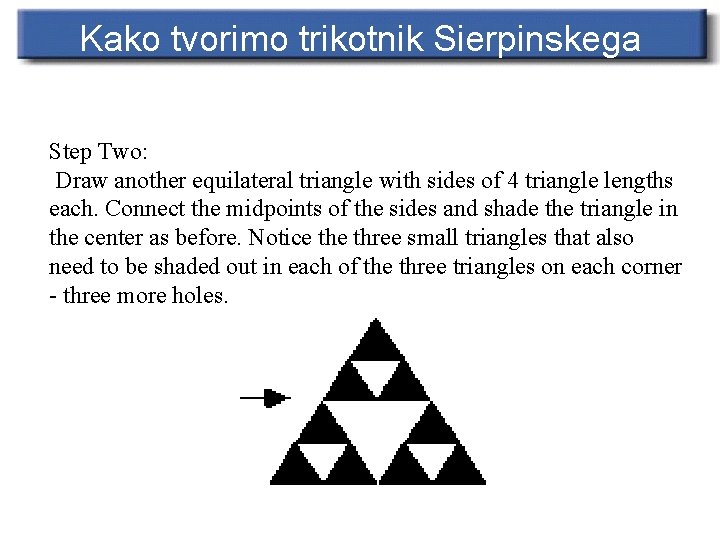 Kako tvorimo trikotnik Sierpinskega Step Two: Draw another equilateral triangle with sides of 4