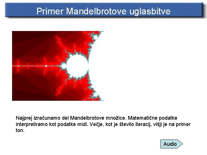 Primer Mandelbrotove uglasbitve Najprej izračunamo del Mandelbrotove množice. Matematične podatke interpretiramo kot podatke midi.