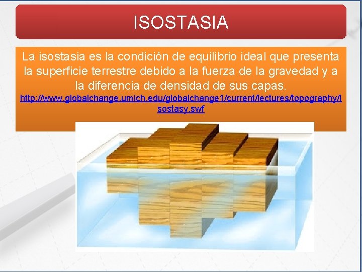 ISOSTASIA La isostasia es la condición de equilibrio ideal que presenta la superficie terrestre