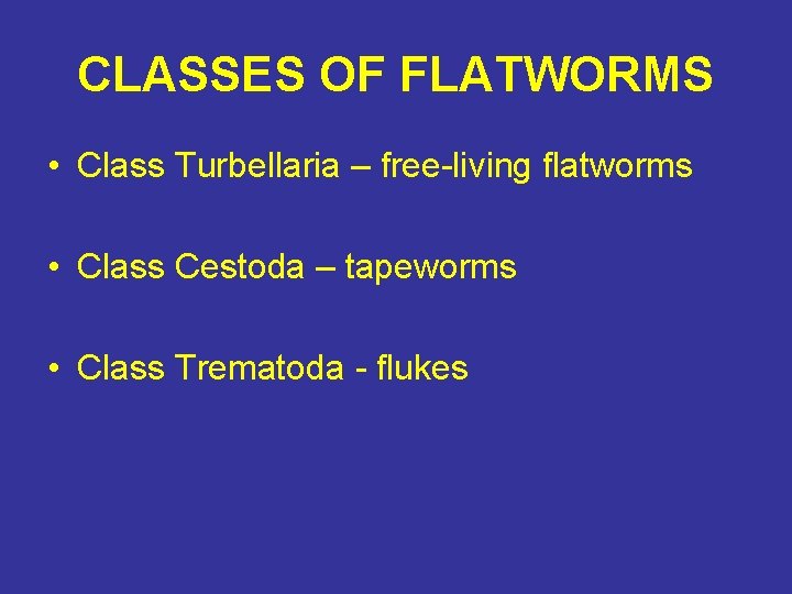 CLASSES OF FLATWORMS • Class Turbellaria – free-living flatworms • Class Cestoda – tapeworms