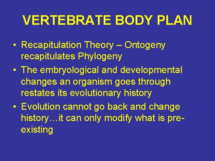 VERTEBRATE BODY PLAN • Recapitulation Theory – Ontogeny recapitulates Phylogeny • The embryological and