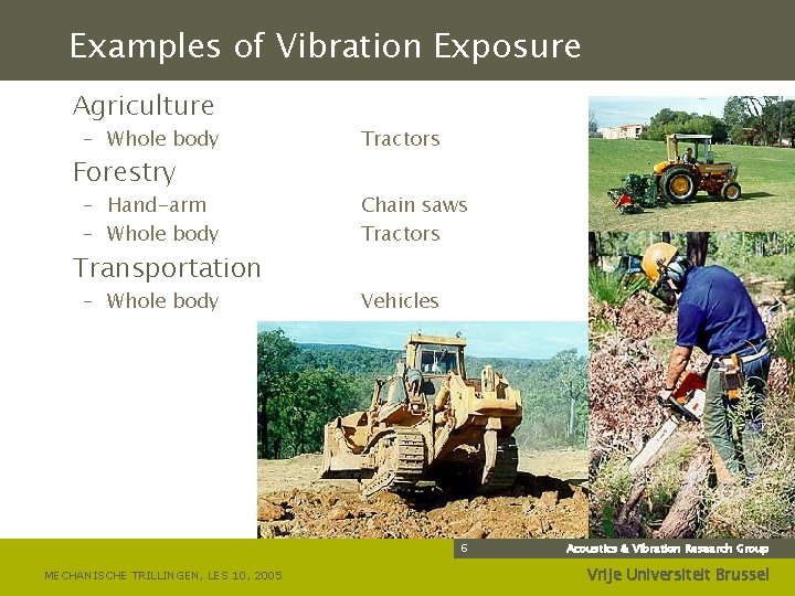 Examples of Vibration Exposure Agriculture – Whole body Tractors – Hand-arm – Whole body