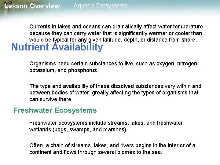 Lesson Overview Aquatic Ecosystems Currents in lakes and oceans can dramatically affect water temperature
