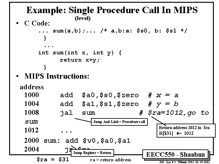Example: Single Procedure Call In MIPS • C Code: (level) . . . sum(a,