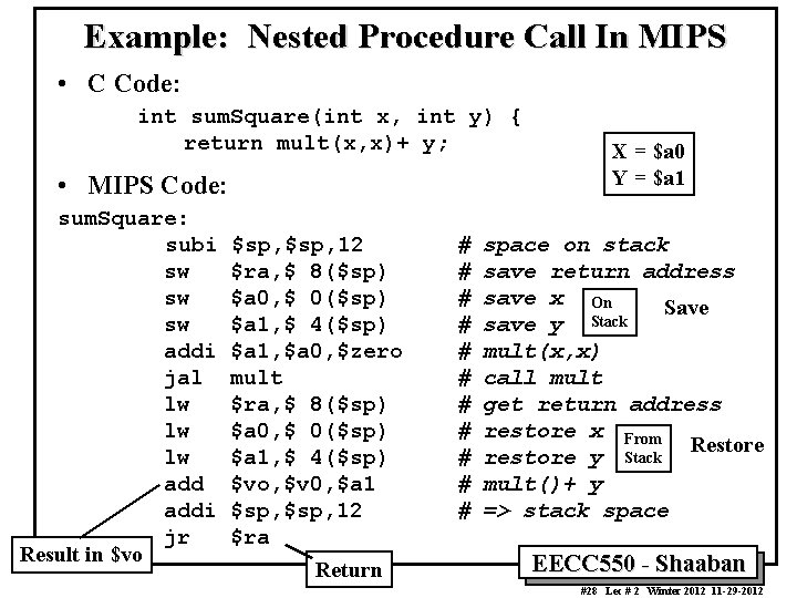 Example: Nested Procedure Call In MIPS • C Code: int sum. Square(int x, int