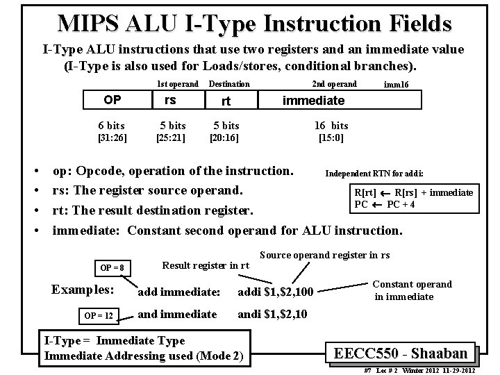 MIPS ALU I-Type Instruction Fields I-Type ALU instructions that use two registers and an