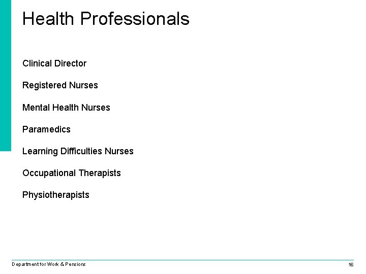 Health Professionals Clinical Director Registered Nurses Mental Health Nurses Paramedics Learning Difficulties Nurses Occupational