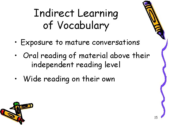 Indirect Learning of Vocabulary • Exposure to mature conversations • Oral reading of material