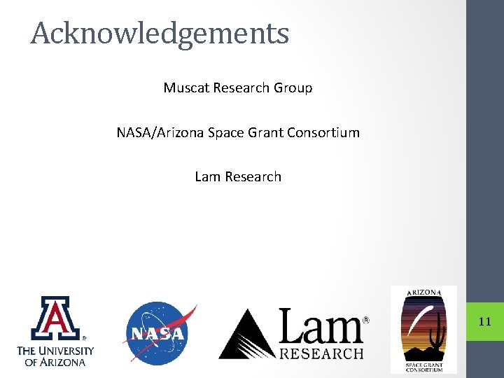 Acknowledgements Muscat Research Group NASA/Arizona Space Grant Consortium Lam Research 11 