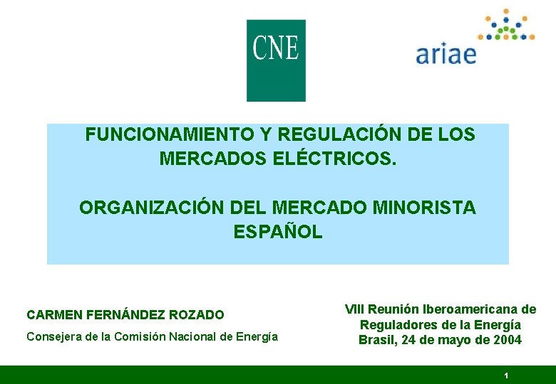 FUNCIONAMIENTO Y REGULACIÓN DE LOS MERCADOS ELÉCTRICOS. ORGANIZACIÓN DEL MERCADO MINORISTA ESPAÑOL CARMEN FERNÁNDEZ