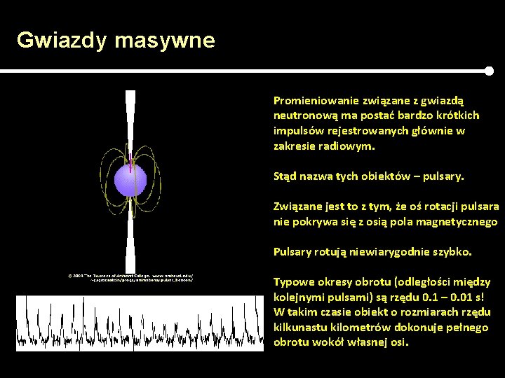 Gwiazdy masywne Promieniowanie związane z gwiazdą neutronową ma postać bardzo krótkich impulsów rejestrowanych głównie