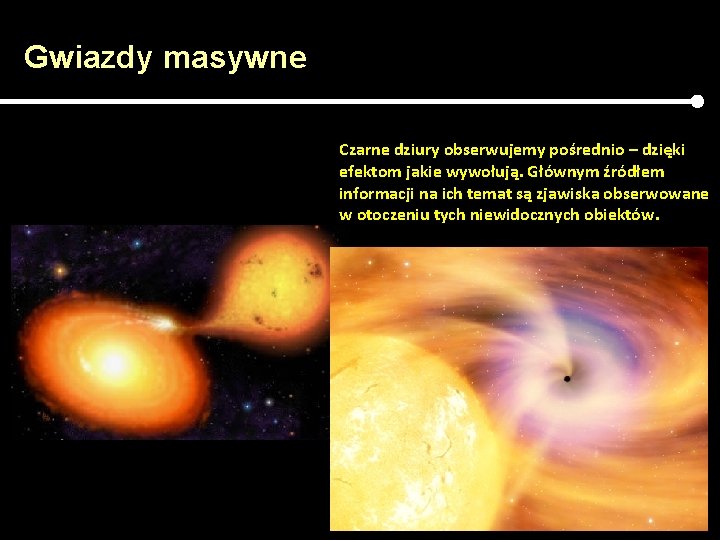 Gwiazdy masywne Czarne dziury obserwujemy pośrednio – dzięki efektom jakie wywołują. Głównym źródłem informacji Gwiazdy masywne Czarne dziury obserwujemy pośrednio – dzięki efektom jakie wywołują. Głównym źródłem informacji