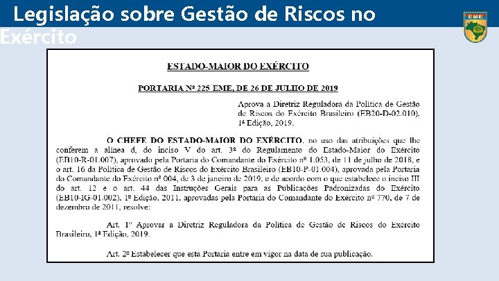 Legislação sobre Gestão de Riscos no Exército 