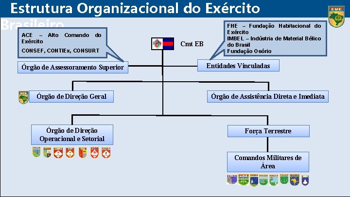 Estrutura Organizacional do Exército Brasileiro ACE – Alto Comando do Exército CONSEF, CONTIEx, CONSURT