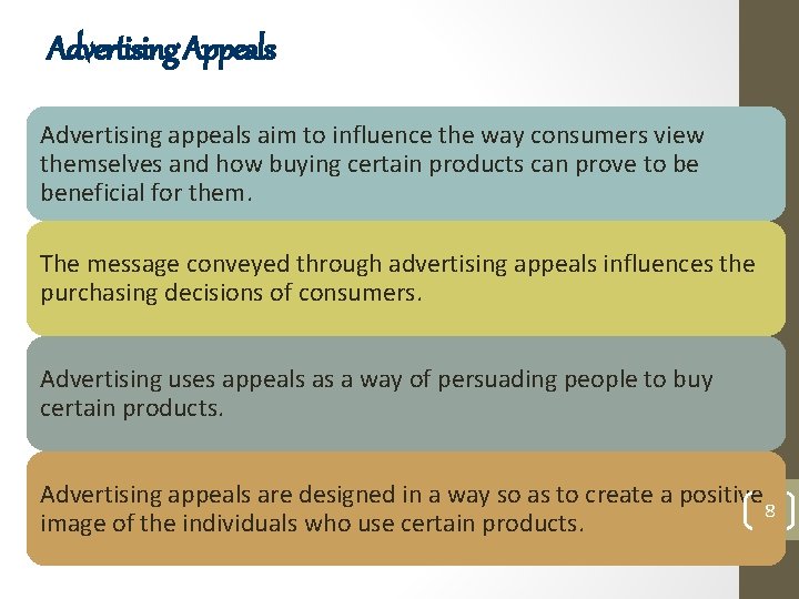 Advertising Appeals Advertising appeals aim to influence the way consumers view themselves and how