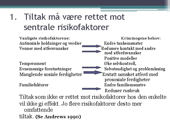 1. Tiltak må være rettet mot sentrale risikofaktorer Vanligste risikofaktorene: Kriminogene behov: Antisosiale holdninger 1. Tiltak må være rettet mot sentrale risikofaktorer Vanligste risikofaktorene: Kriminogene behov: Antisosiale holdninger