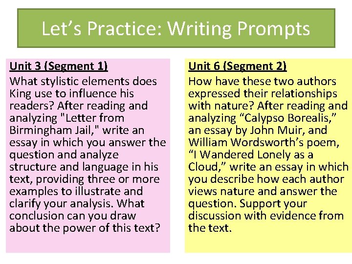 Let’s Practice: Writing Prompts Unit 3 (Segment 1) What stylistic elements does King use