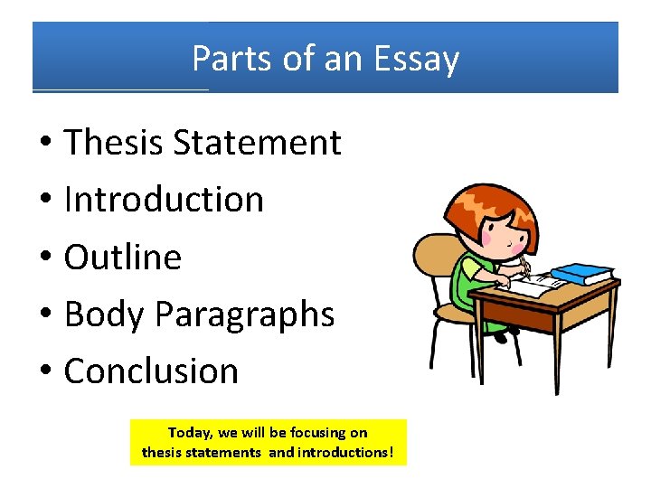 Parts of an Essay • Thesis Statement • Introduction • Outline • Body Paragraphs