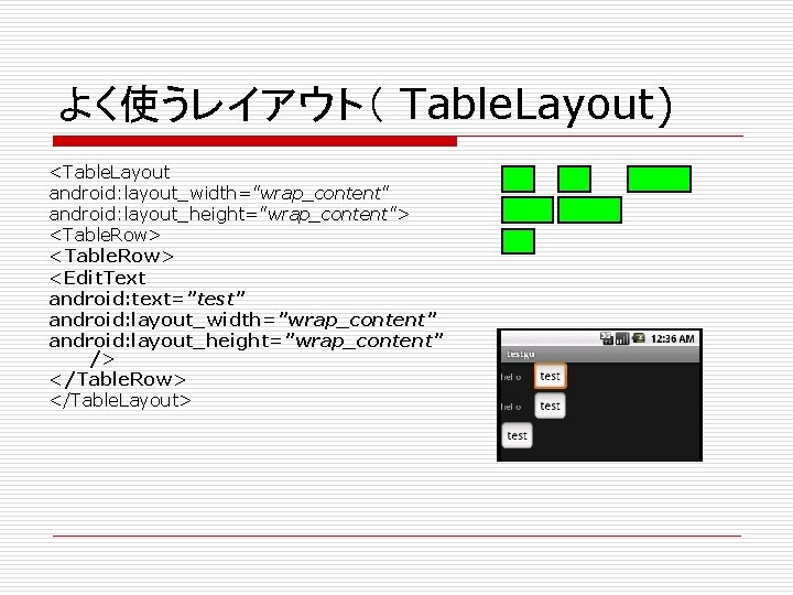 よく使うレイアウト（ Table. Layout) <Table. Layout android: layout_width="wrap_content" android: layout_height="wrap_content"> <Table. Row> <Edit. Text android: