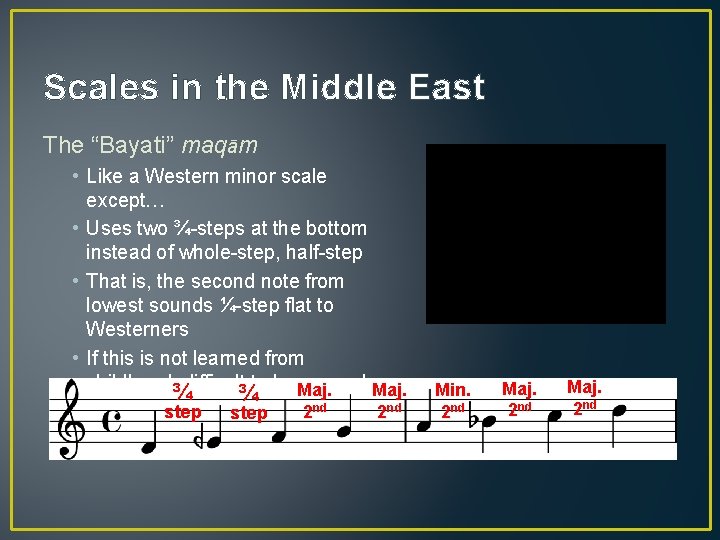 Scales in the Middle East The “Bayati” maqām • Like a Western minor scale