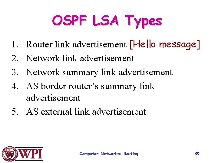 OSPF LSA Types Router link advertisement [Hello message] Network link advertisement Network summary link