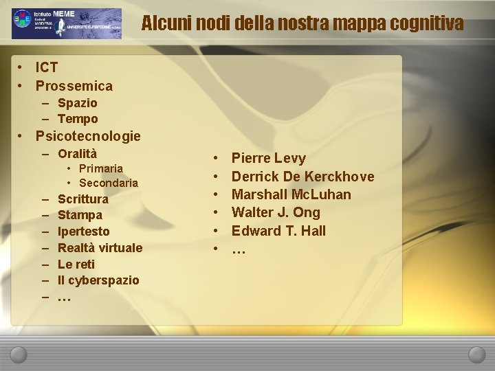 Alcuni nodi della nostra mappa cognitiva • ICT • Prossemica – Spazio – Tempo