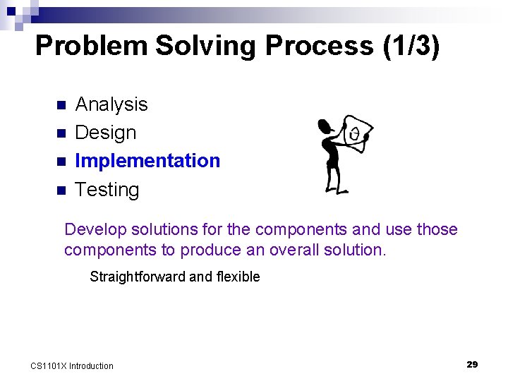 Problem Solving Process (1/3) n n Analysis Design Implementation Testing Develop solutions for the
