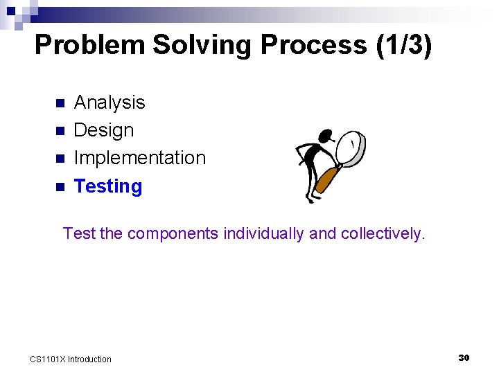 Problem Solving Process (1/3) n n Analysis Design Implementation Testing Test the components individually
