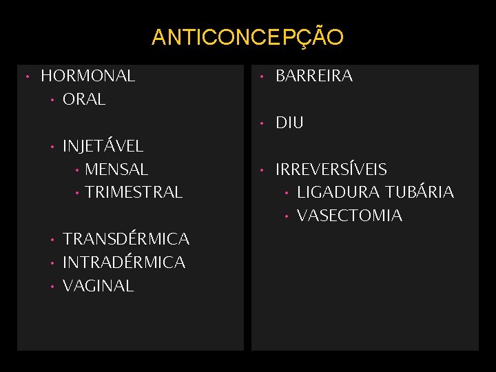 ANTICONCEPÇÃO • HORMONAL • ORAL • INJETÁVEL • MENSAL • TRIMESTRAL • TRANSDÉRMICA •