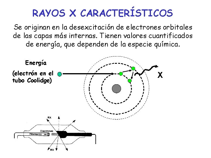 RAYOS X CARACTERÍSTICOS Se originan en la desexcitación de electrones orbitales de las capas