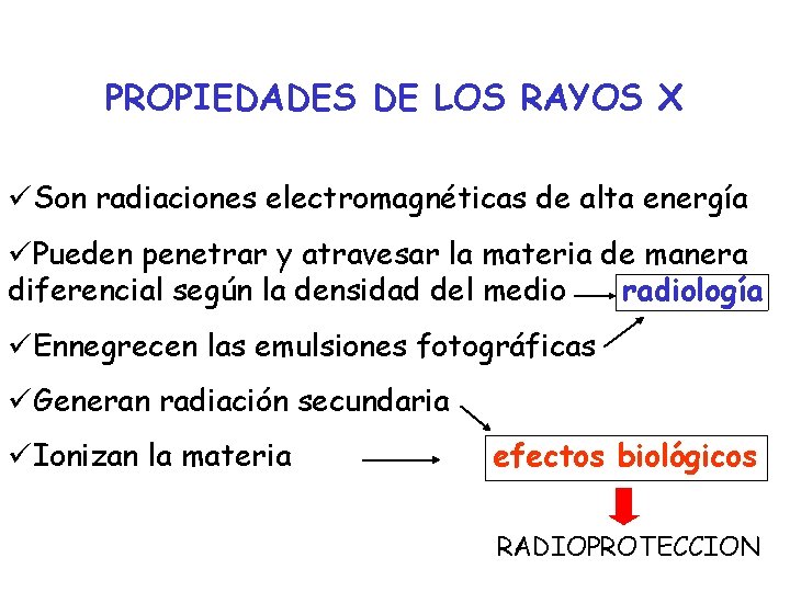PROPIEDADES DE LOS RAYOS X üSon radiaciones electromagnéticas de alta energía üPueden penetrar y