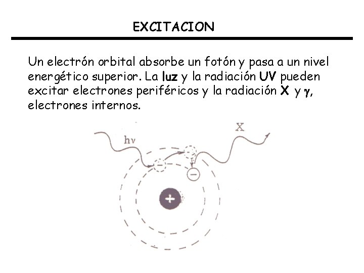 EXCITACION Un electrón orbital absorbe un fotón y pasa a un nivel energético superior.